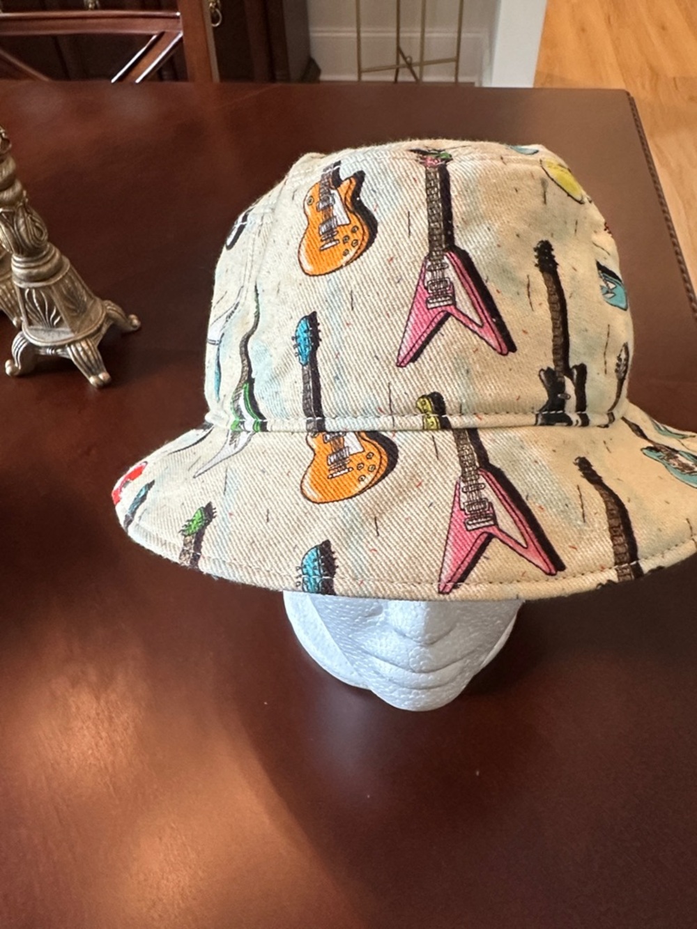 Jeremy Scott Beige Bucket Hat with Multicolor Guitar Print